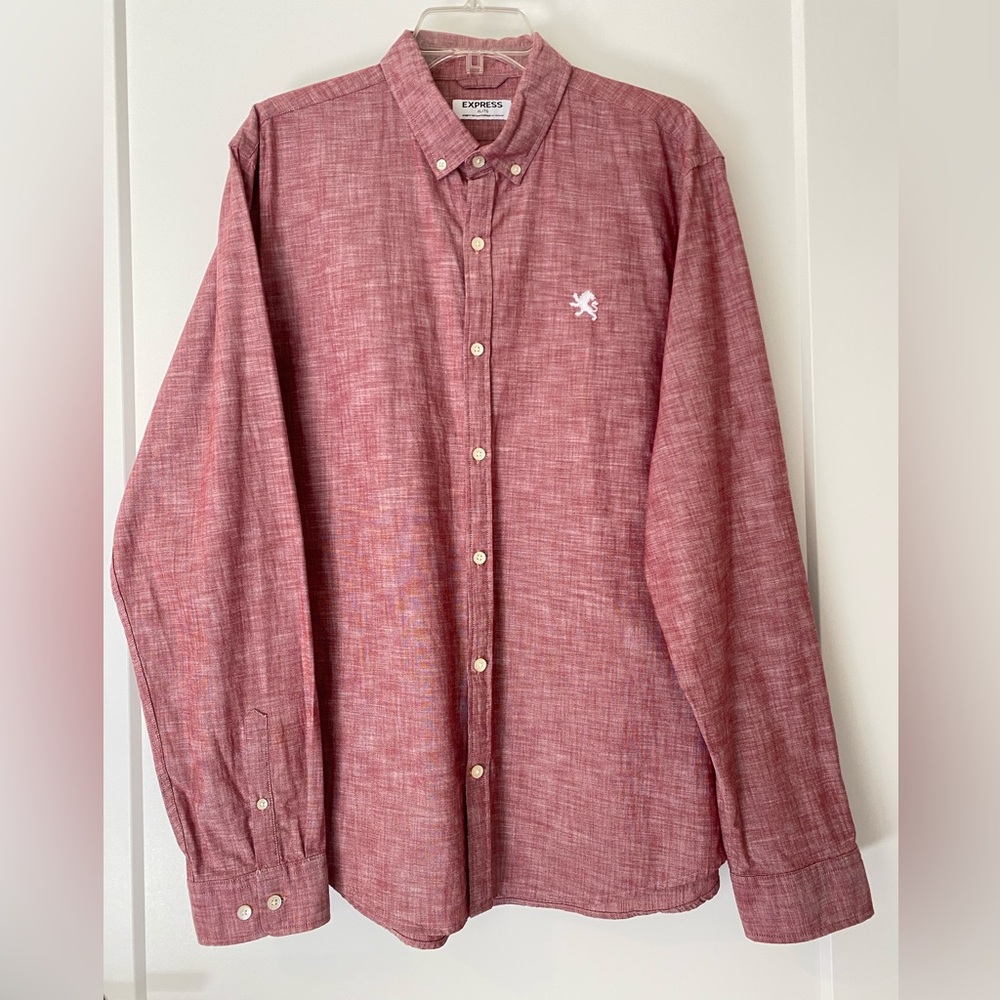 Express Men’s Heather Red 100% Cotton Long Sleeve Button-Up Shirt SZ XL